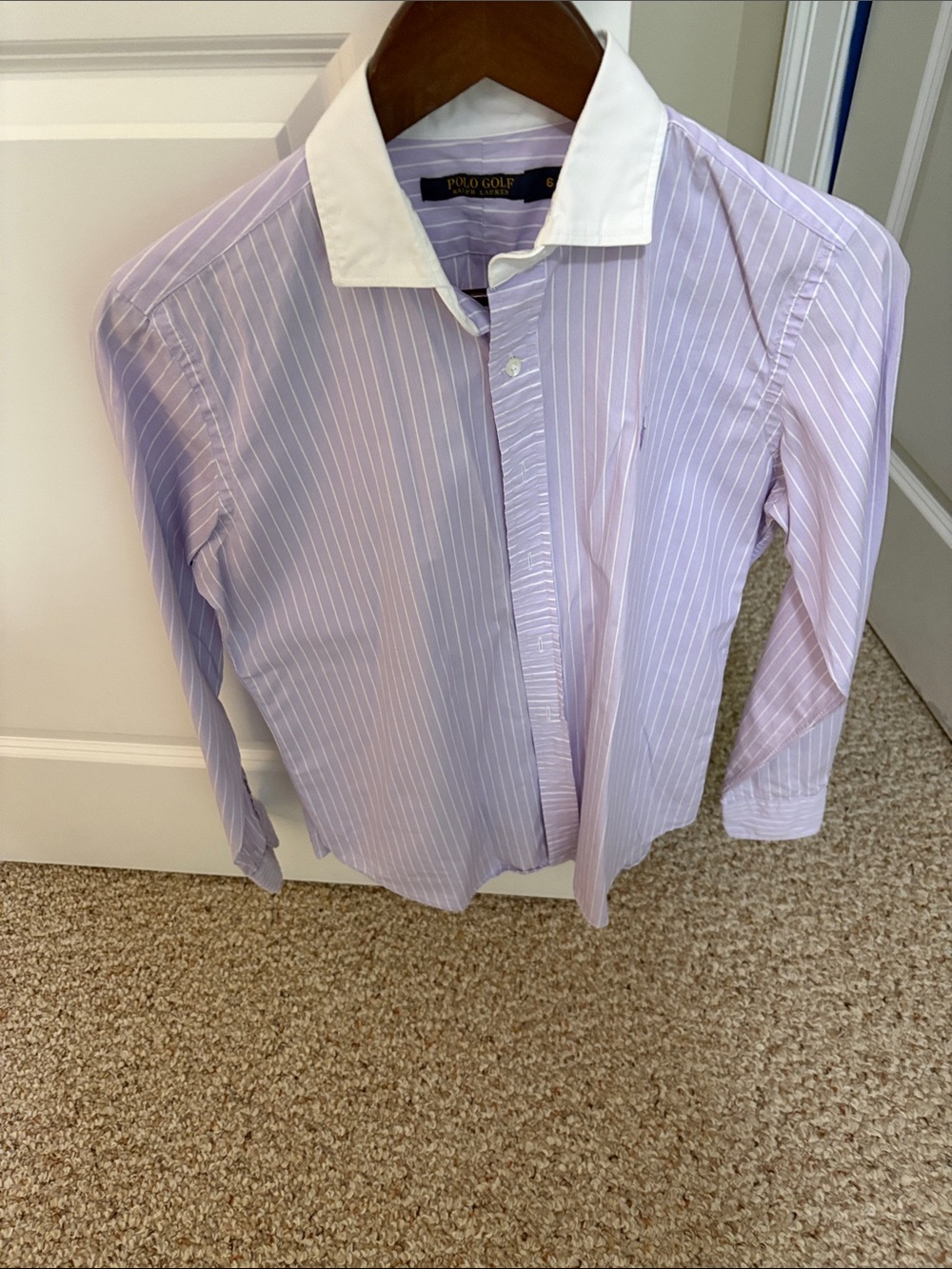 Women's Lilac Pinstripe Button-Down Shirt with White Collar